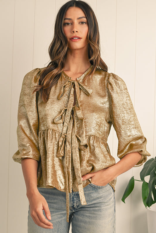 Gold Solid Color Bowknot Front Puff Sleeve Blouse daf00a3c37a6a24b