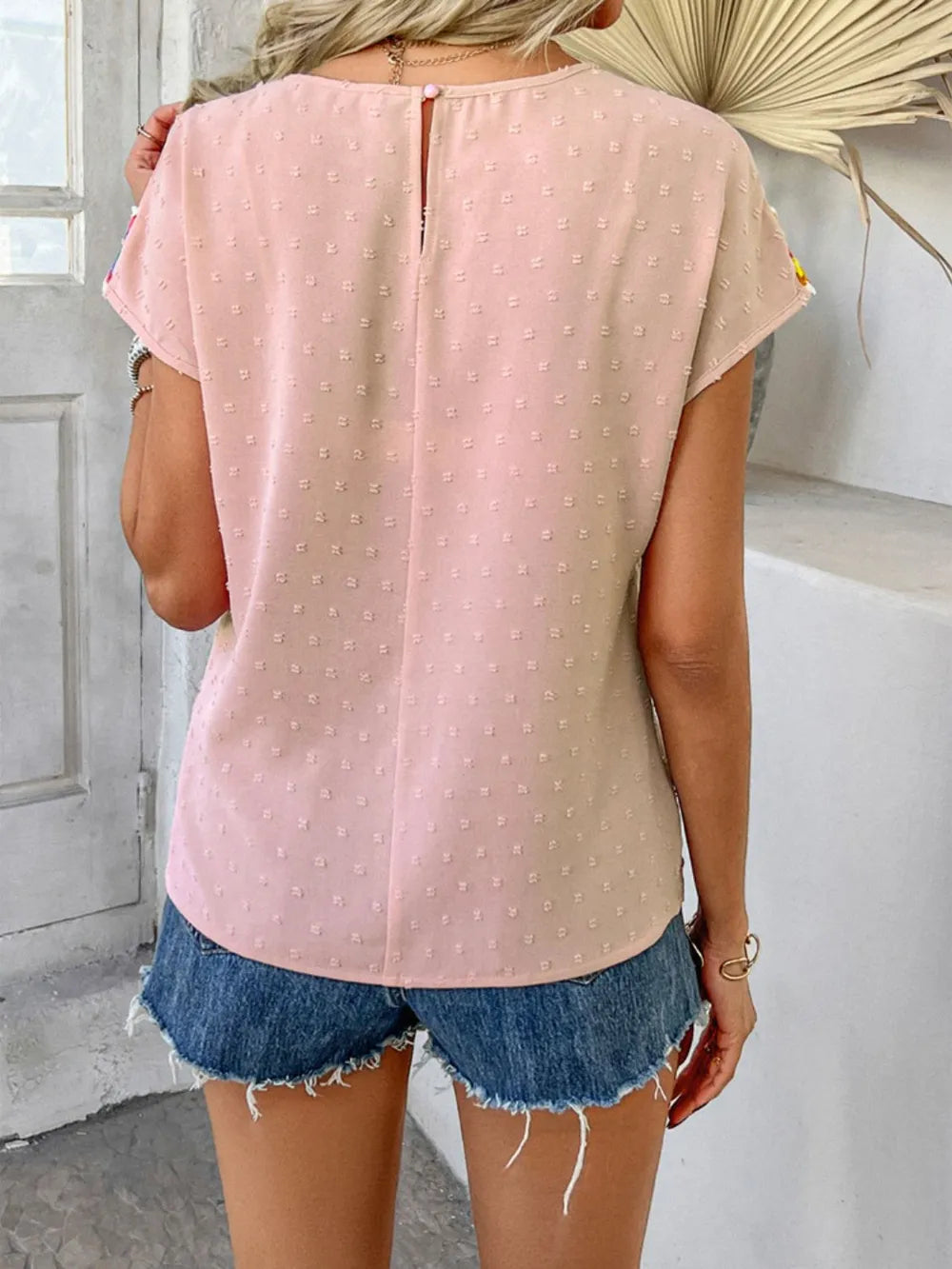 Devine Swiss Dot Round Neck Crochet Short Sleeve Top daf11690-e189-4fb3-abc5-89aee9e1396b-Max