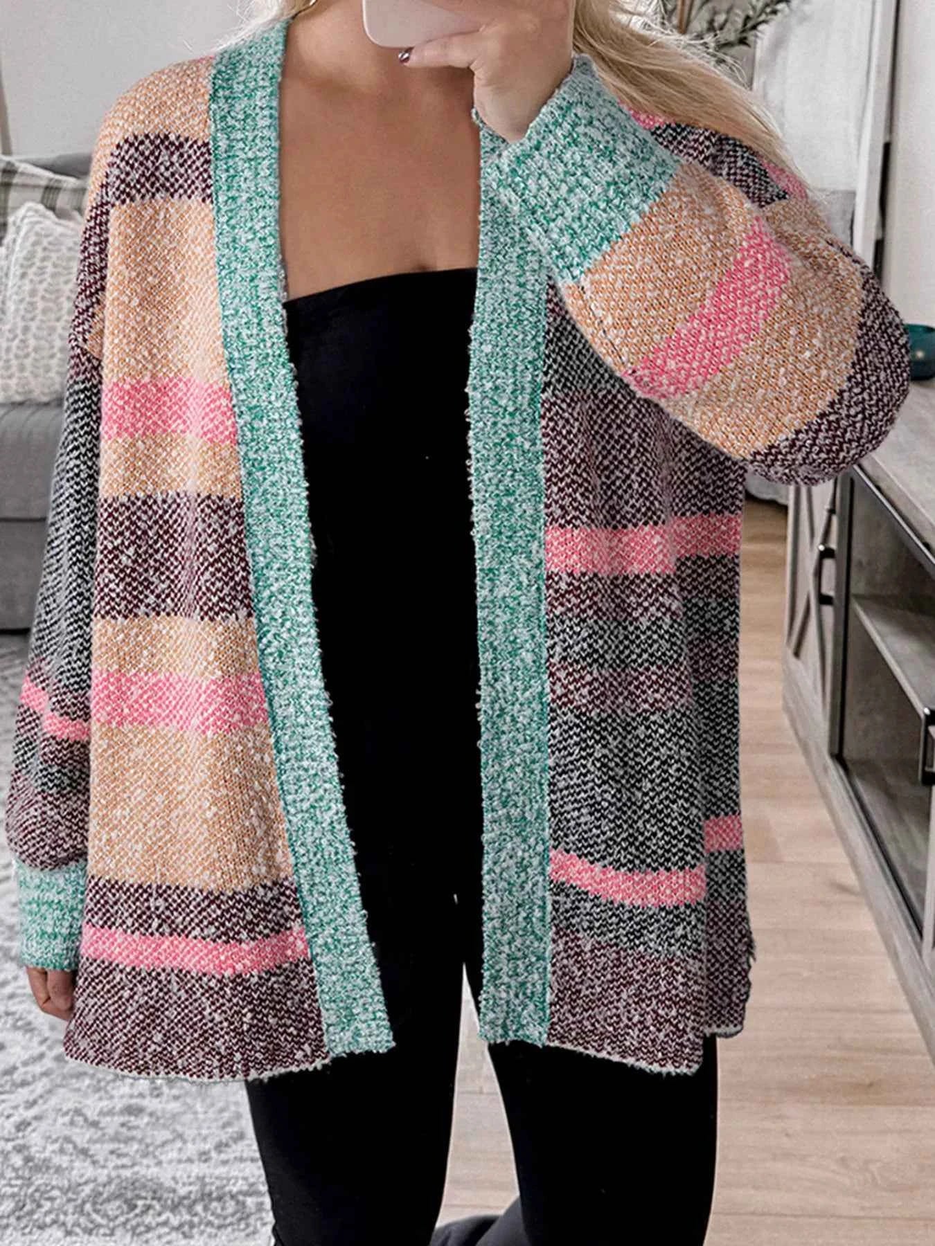 Color Block Striped Side Slit Open Front Cardigan Multicolor daf17a4ccad94cc18154594856f89718-Max-Origin