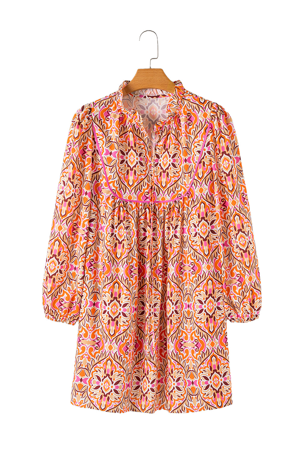 Khaki Abstract Print Long Sleeve Tied Neckline Mini Dress daf20fd7e65686a4