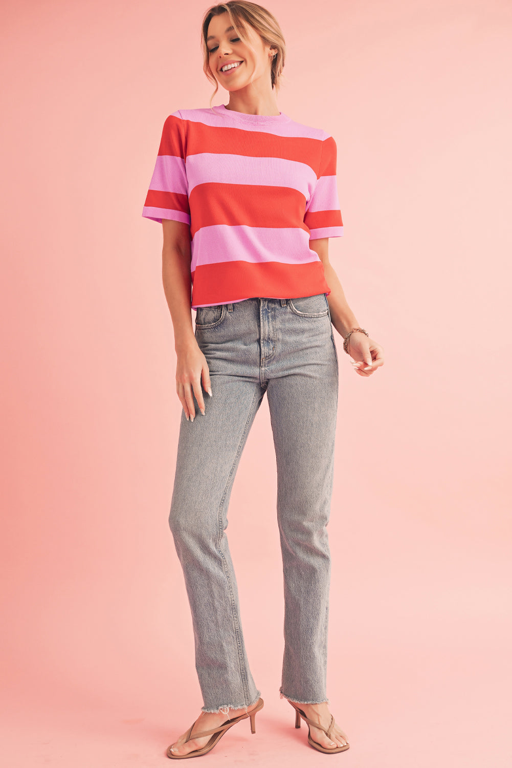 Bright Pink Colorblock Knitted Round Neck T Shirt dafce594329bc6dd
