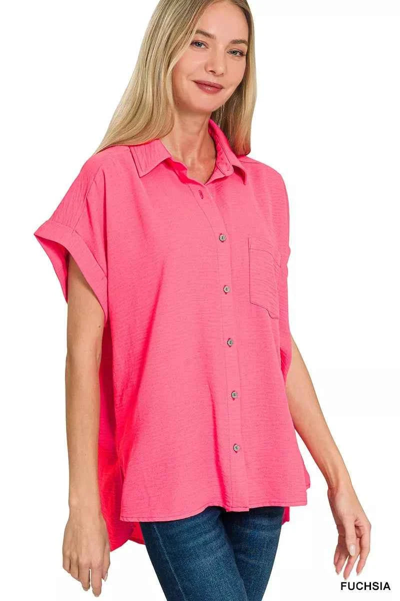 Zenana Woven Airflow Button Down Shirt FUCHSIA daff203091d24ec1a50b4ec73d597f55-Max-Origin