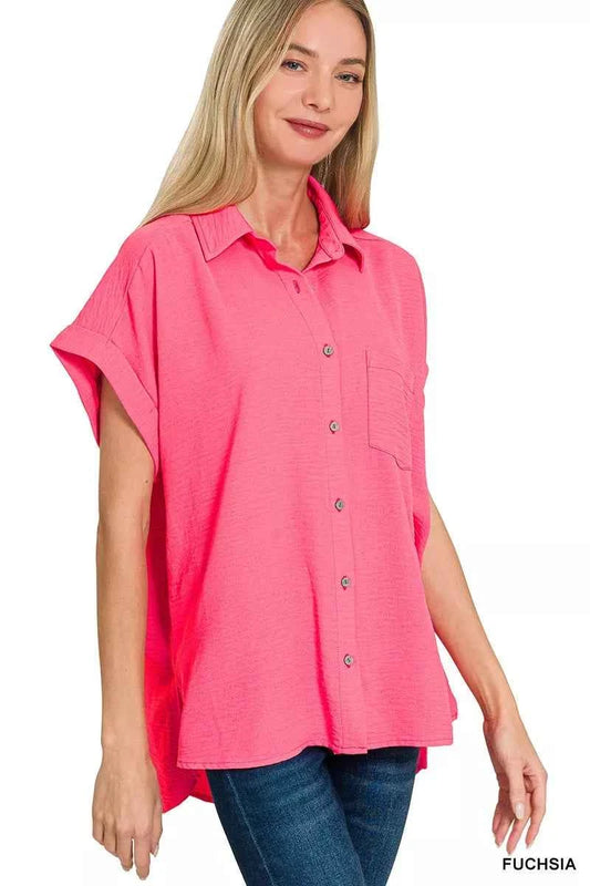 Zenana Woven Airflow Button Down Shirt FUCHSIA daff203091d24ec1a50b4ec73d597f55-Max-Origin