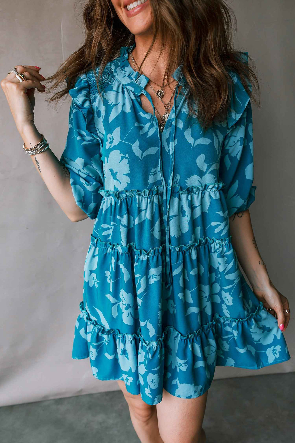 Blue Flower Half Sleeve Tiered Ruffled Mini Dress db06e9299e0663ed
