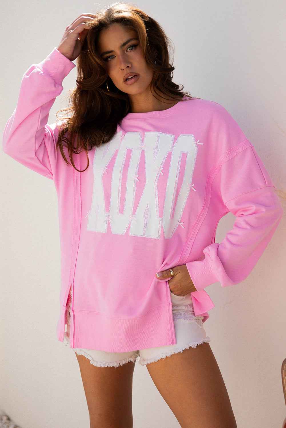 Pink Bow Sequin XOXO Letter Graphic Exposed Seam Baggy Sweatshirt Pink 65%Polyester+35%Cotton db15d895d44d7b84