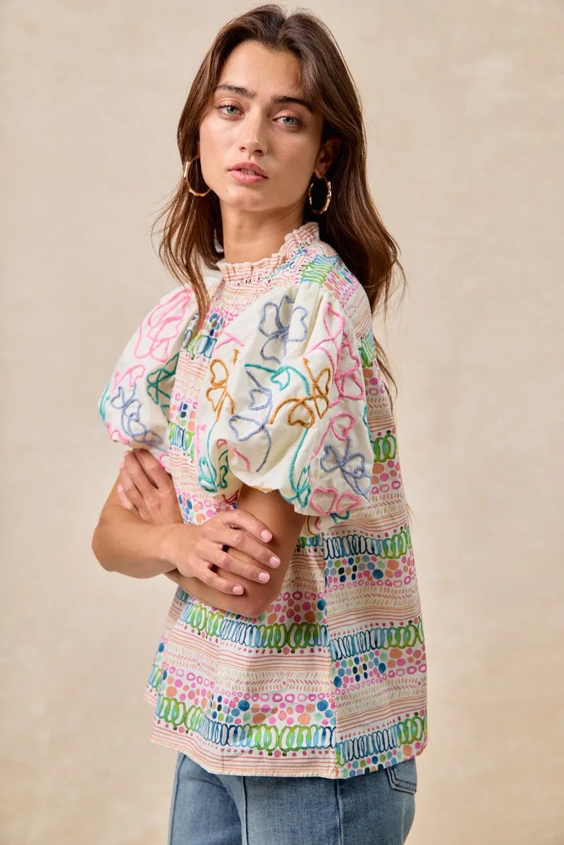 BiBi Ruffle Neckline Blouse With Embroidery Bubble Sleeve db2009f025964cf2b750a0d74aa89979-Max-Origin