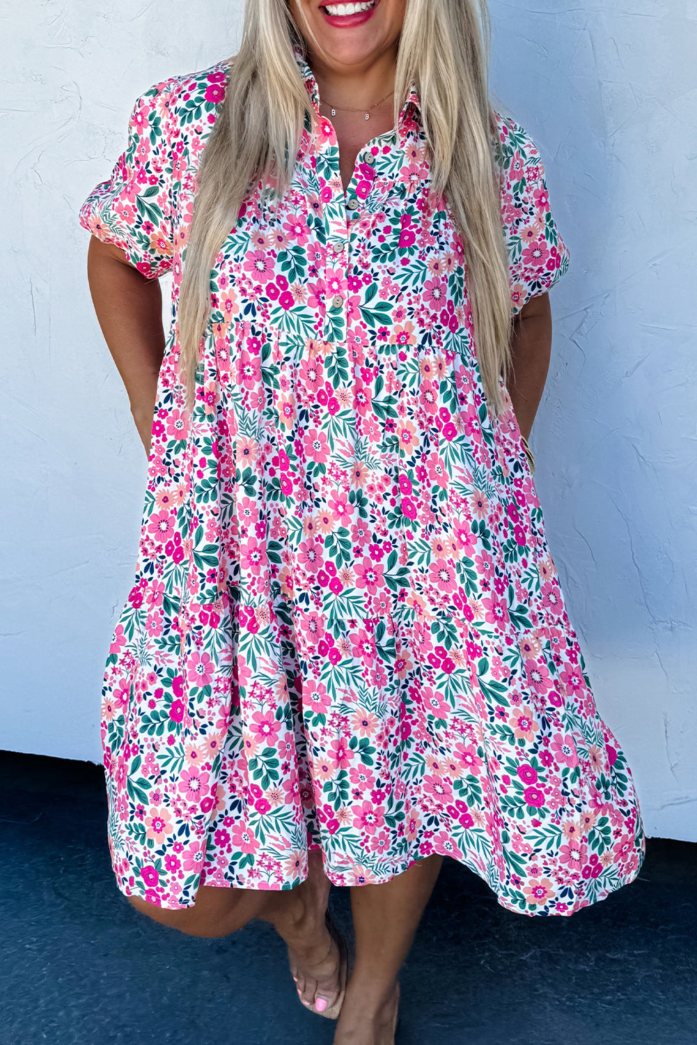 Pink Plus Size Floral Half Button Puff Sleeve A Line Dress Pink db2418c3f183889e