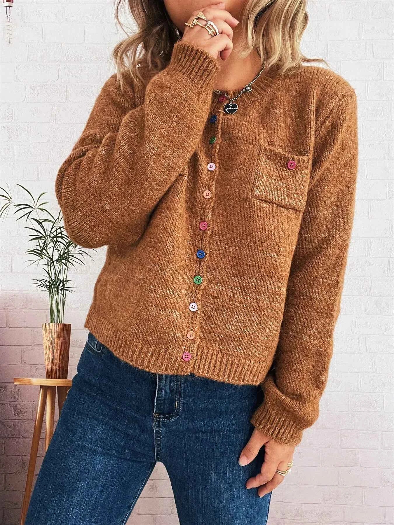 Button-Up Ribbed Hem Cardigan with Chest Pocket Khaki One Size db31bb1200a24b2f9b314bba1982b688-Max-Origin
