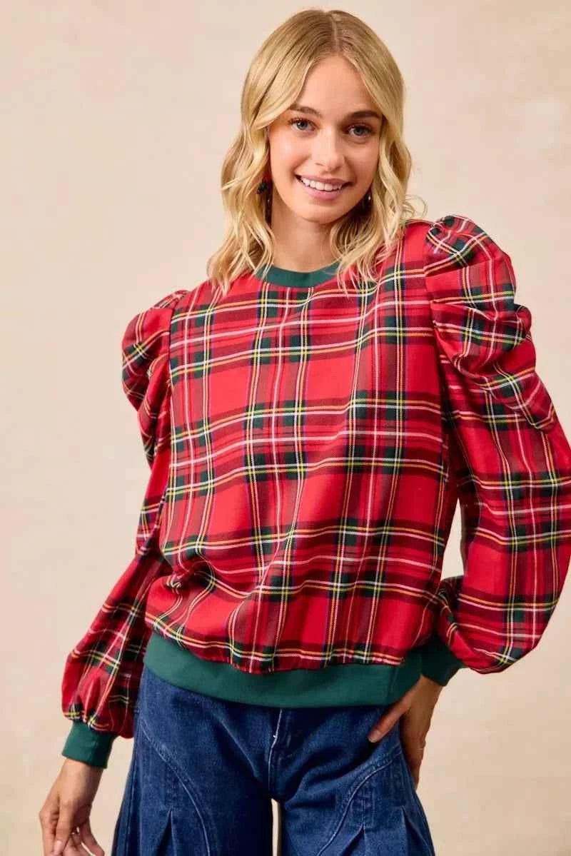 BiBi Christmas Plaid Exaggerated Shoulder Sleeves Top db392aeb1bec413eb6513875bf1da544-Max-Origin