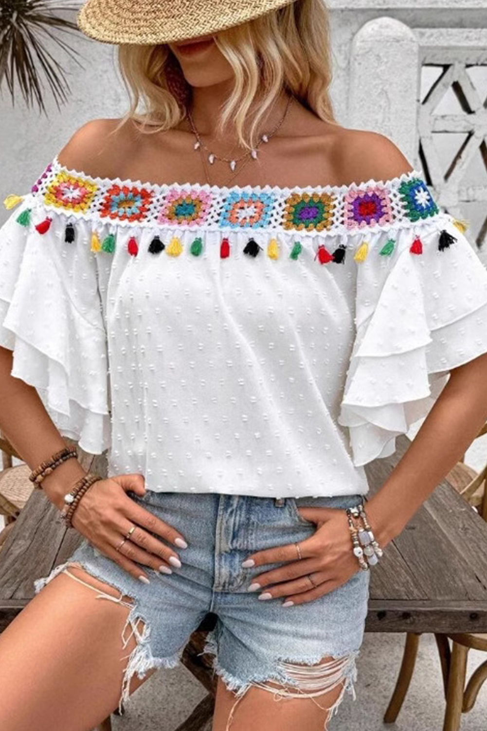 White Tassel Crochet Floral Off Shoulder Ruffle Sleeve Top db3a3cec9e65afeb