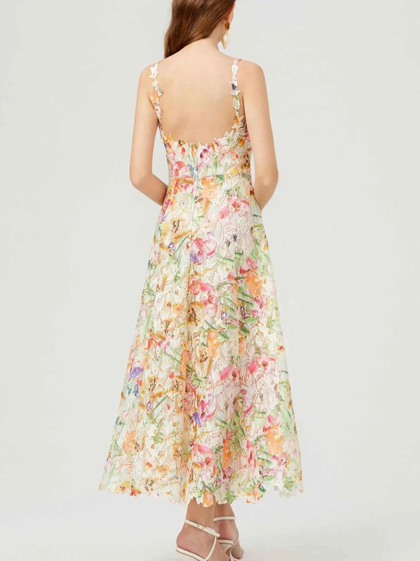 Floral Lace Sleeveless V-Neck Midi Dress