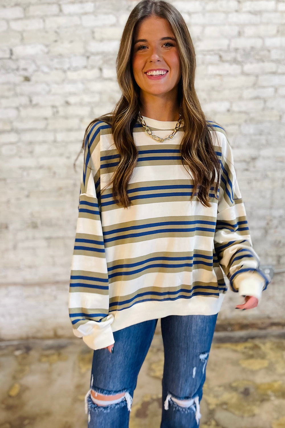Khaki Striped Crew Neck Drop Shoulder Pullover Sweatshirt db3bfeeba86b2ffb