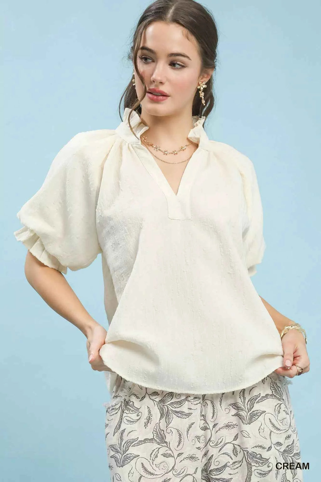 Umgee Textured Puff Sleeve Split Neck Top CREAM db3ffbb9-e5b1-4ea6-abda-d2935abe1258-Max-Origin