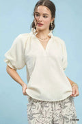 Umgee Textured Puff Sleeve Split Neck Top CREAM db3ffbb9-e5b1-4ea6-abda-d2935abe1258-Max-Origin