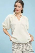 Umgee Textured Puff Sleeve Split Neck Top CREAM db3ffbb9-e5b1-4ea6-abda-d2935abe1258-Max-Origin