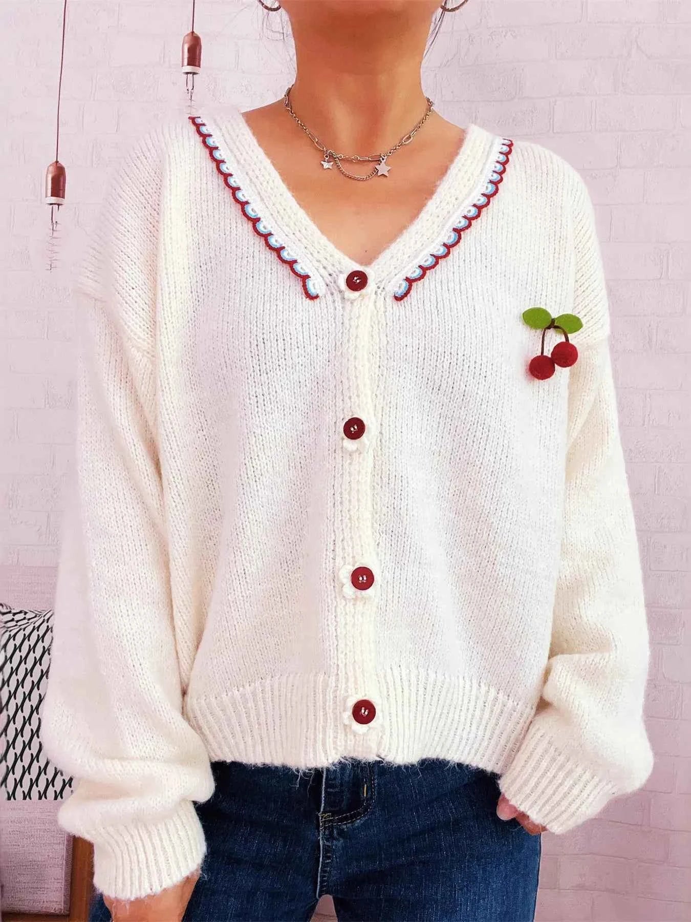 Cherry Button-Front Long Sleeve Cardigan db434080f39e4feeba69944da1c75428-Max-Origin