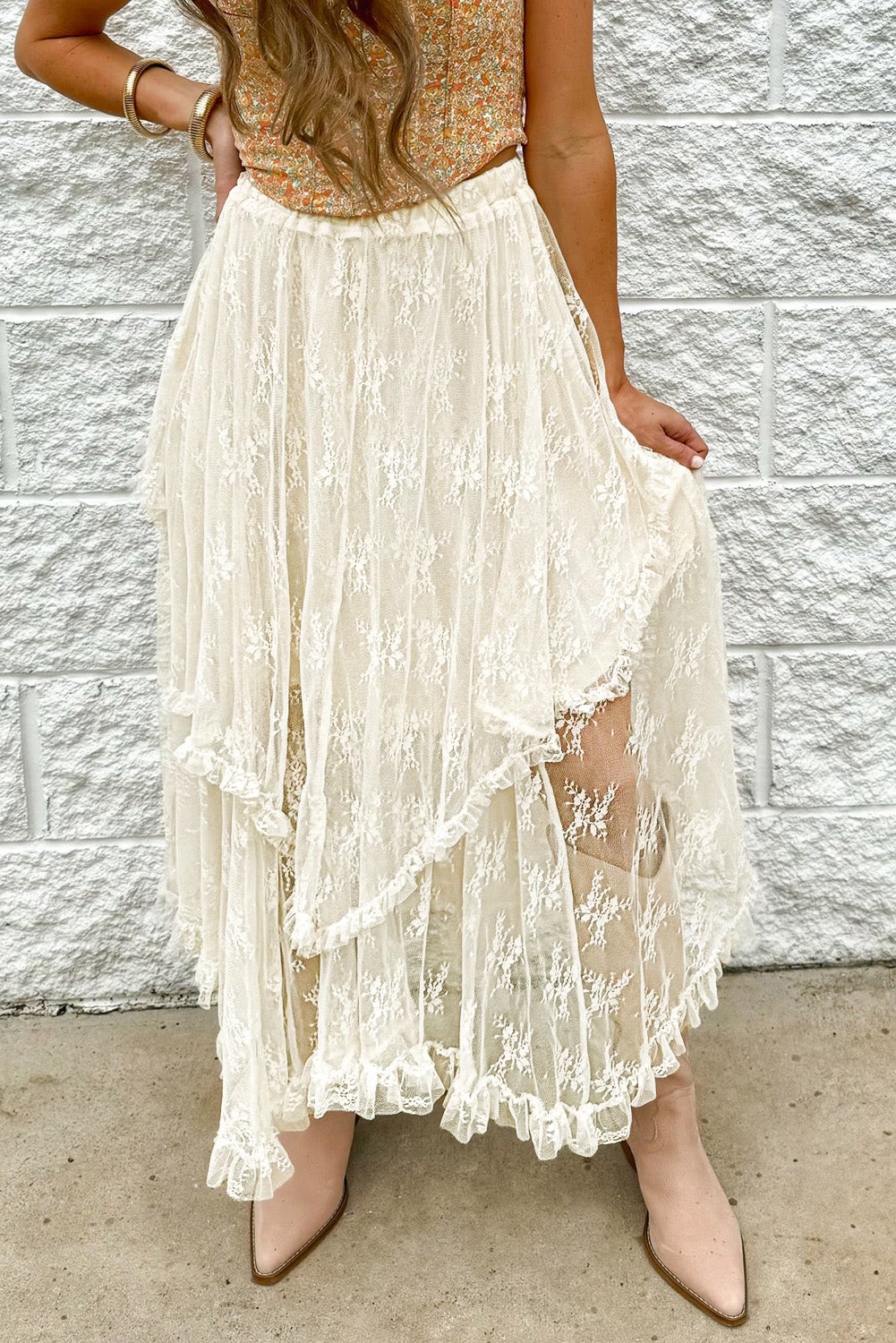 Apricot Lace Cascading Tiered High Waist Maxi Skirt Beige 90%Polyamide+10%Elastane db48b65fae01ebc0_cbc8344a-83c6-4886-92a5-a94ca6717e40