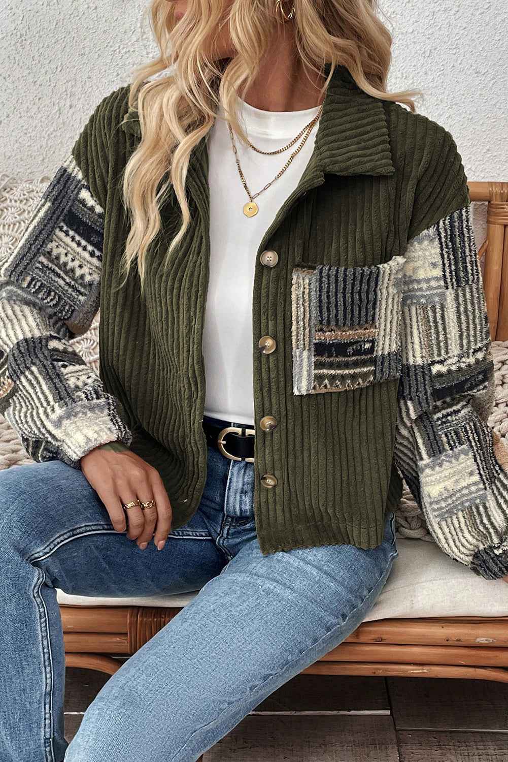 Jungle Green Ribbed Fleece Plaid Print Patchwork Button Up Jacket db494becc51af22d