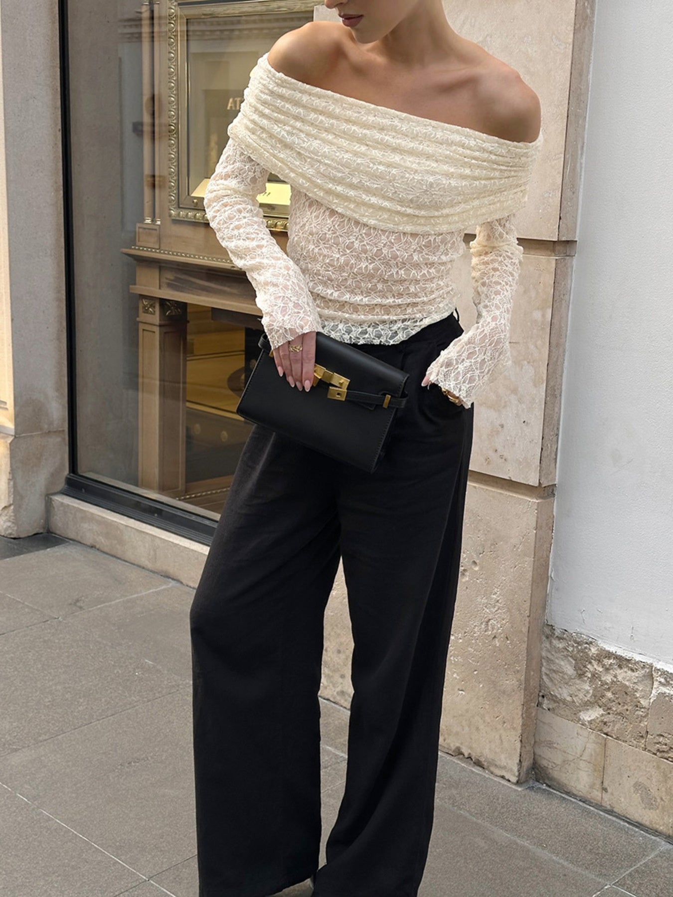Off Shoulder Long Sleeve Lace Top db4b4b0ecddd43169644d38d9dec2346-Max