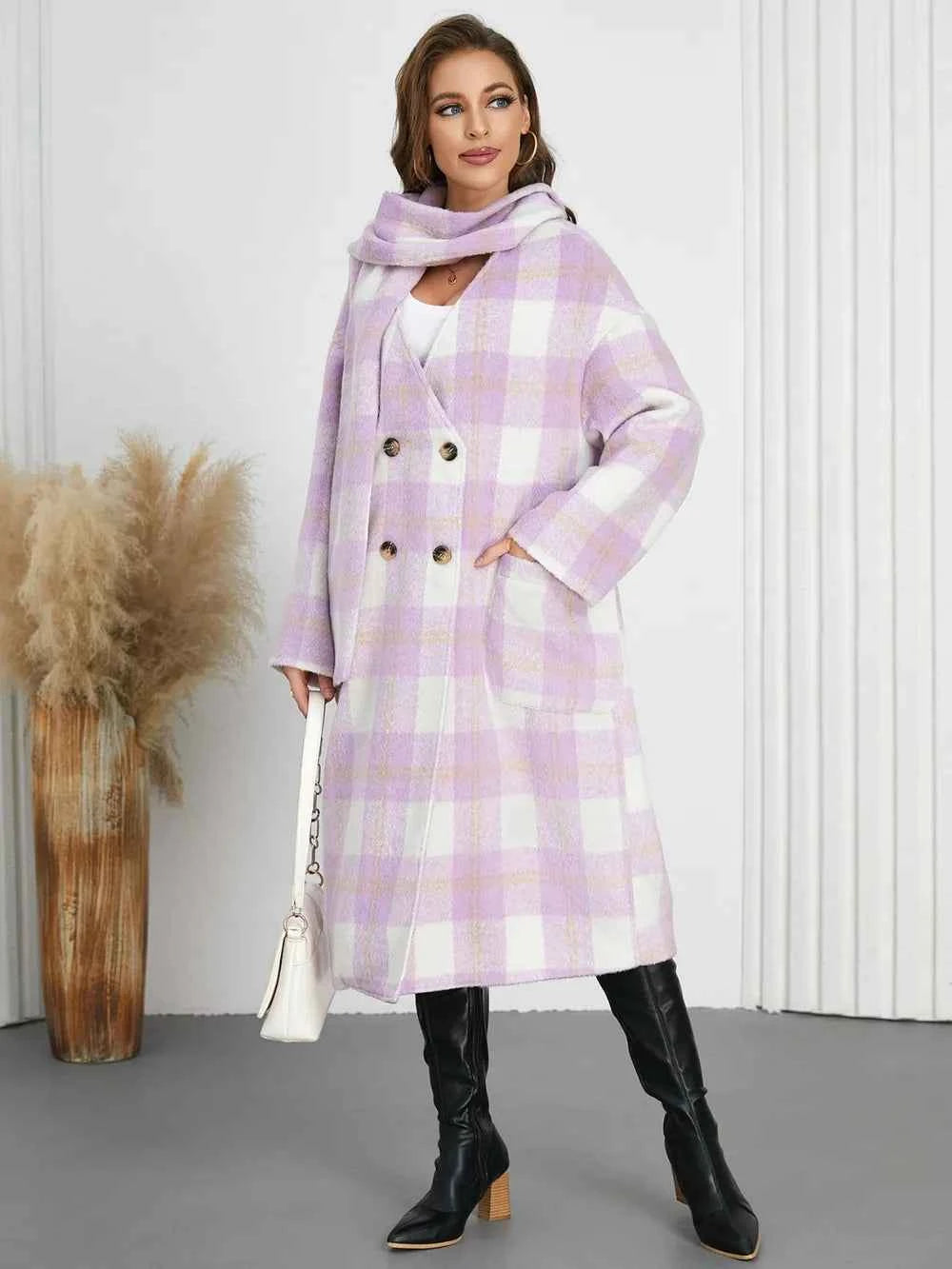 Plaid Button Up Long Sleeve Coat Pink Purple db4decc5-62ef-4776-89a4-7075399b7f3f-Max
