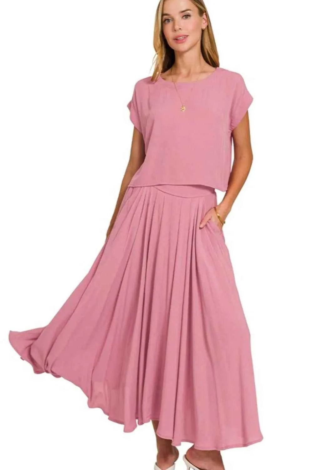 Zenana Woven Crinkle Gauze Crop Tee and Skirt Set LT ROSE db52ad93-4b6b-4f81-80ce-0a0c4a4fb5d2-Max-Origin
