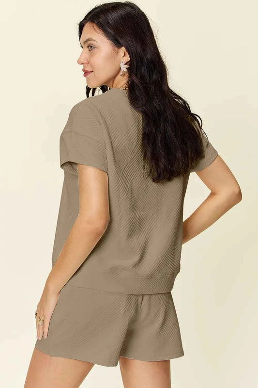 Double Take Full Size Texture Short Sleeve T-Shirt and Drawstring Shorts Set db56c2a6-20fa-4e63-ab0a-21d67e82c0bd-Max