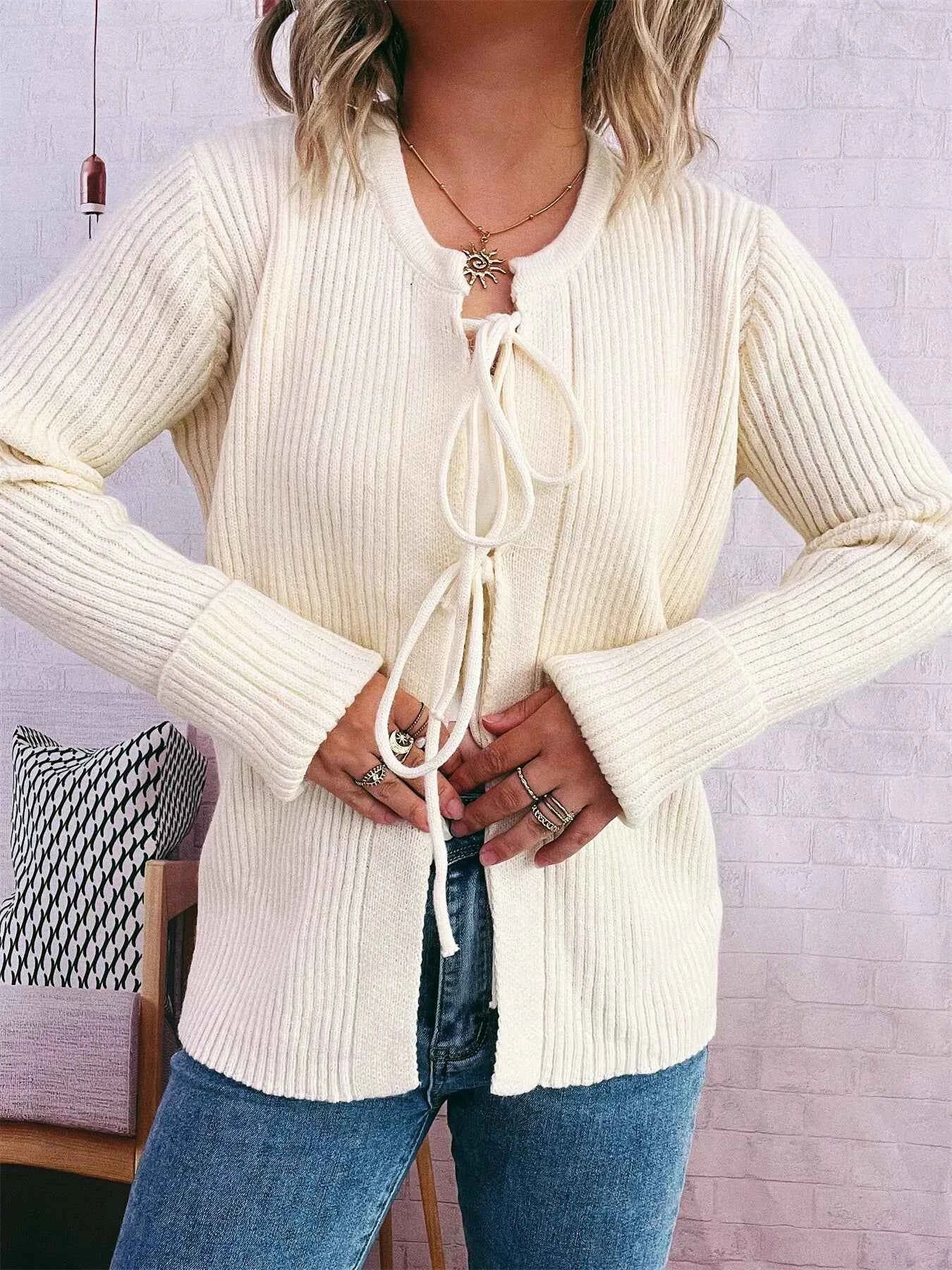 Ribbed Tie Front Long Sleeve Cardigan db5ad07f2e3445ec9a268250070930be-Max-Origin