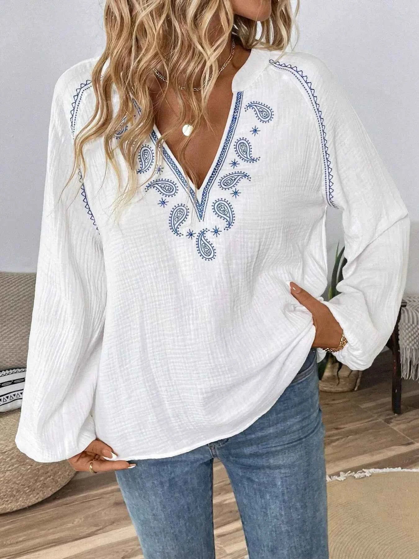 Paisley Pattern Notched Long Sleeve Blouse db5ec668d4f34cd9bcdd927e624f8ca8-Max-Origin