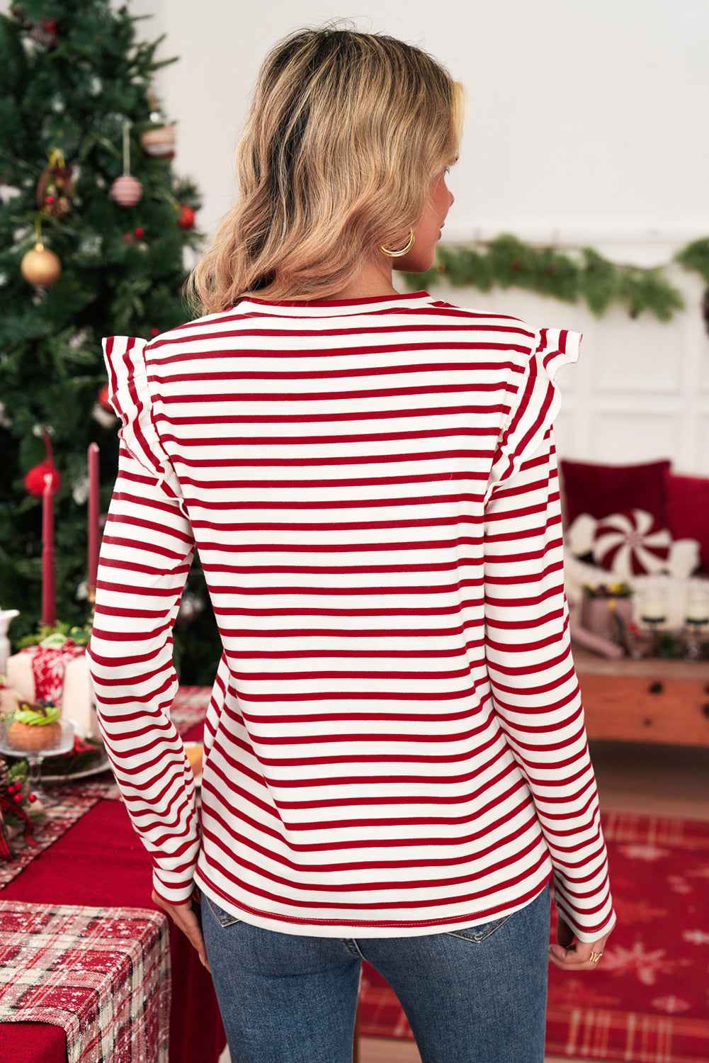 Red Striped Ruffle Shoulder Long Sleeve Top db72480dd3be75b6