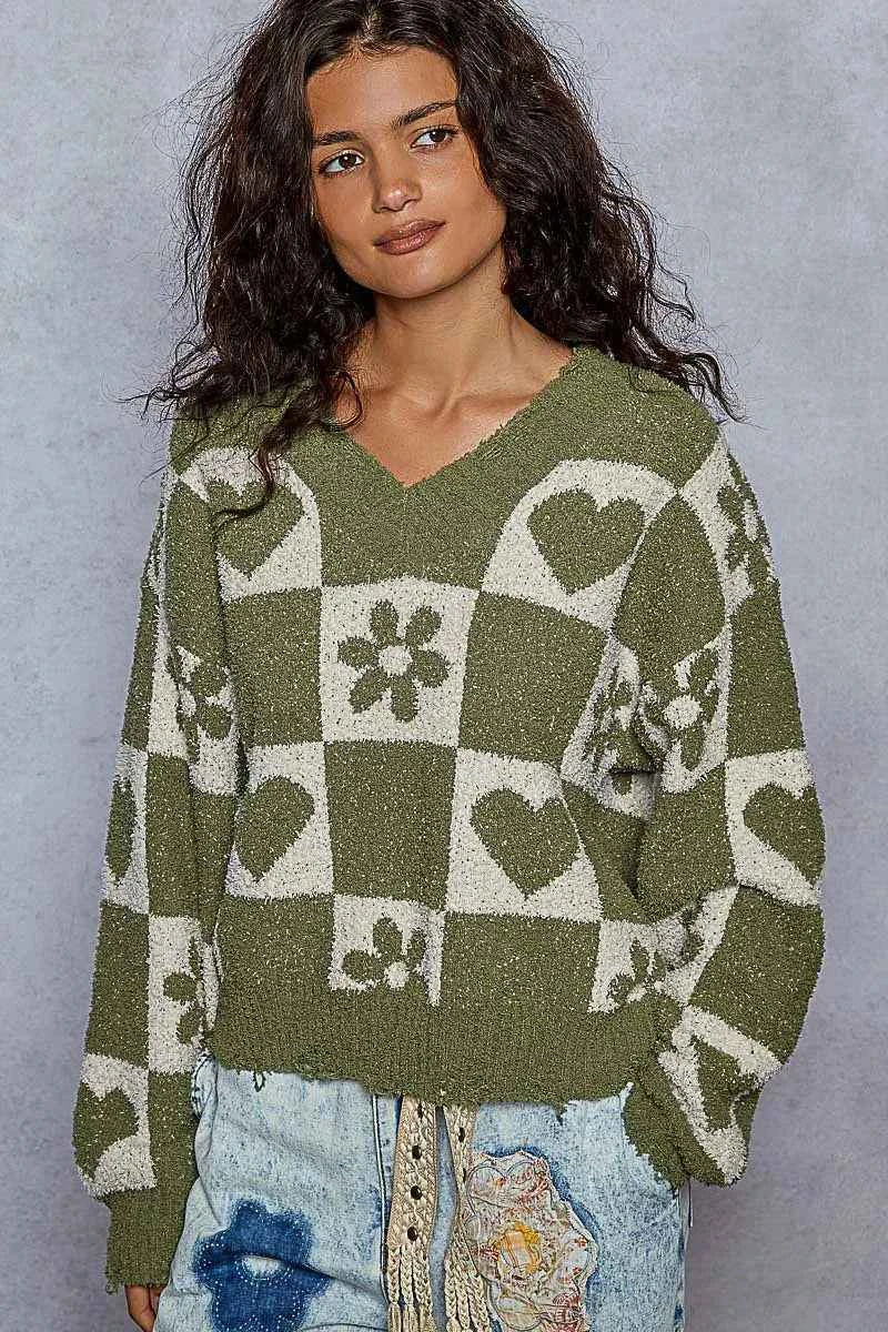 POL V-Neck Heart Pattern Checkered Sweater GRASS GREEN IVORY db7254a3-1fb2-4d9a-b1f9-32597f680287-Max-Origin
