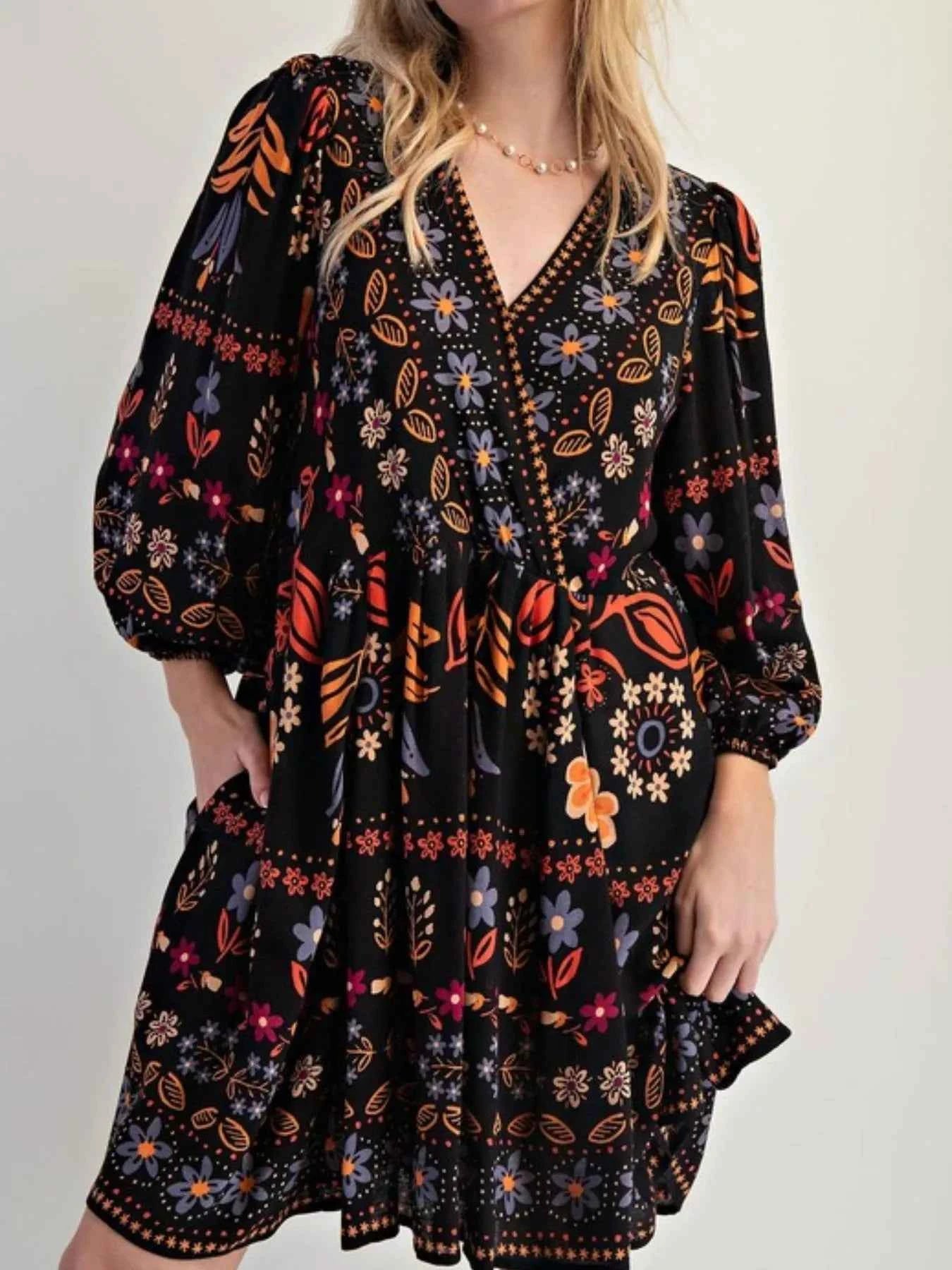 Bohemian Floral Print Long Sleeve Mini Dress Black db778b8c-6339-4e56-a463-09354dff1bc0-Max-Origin