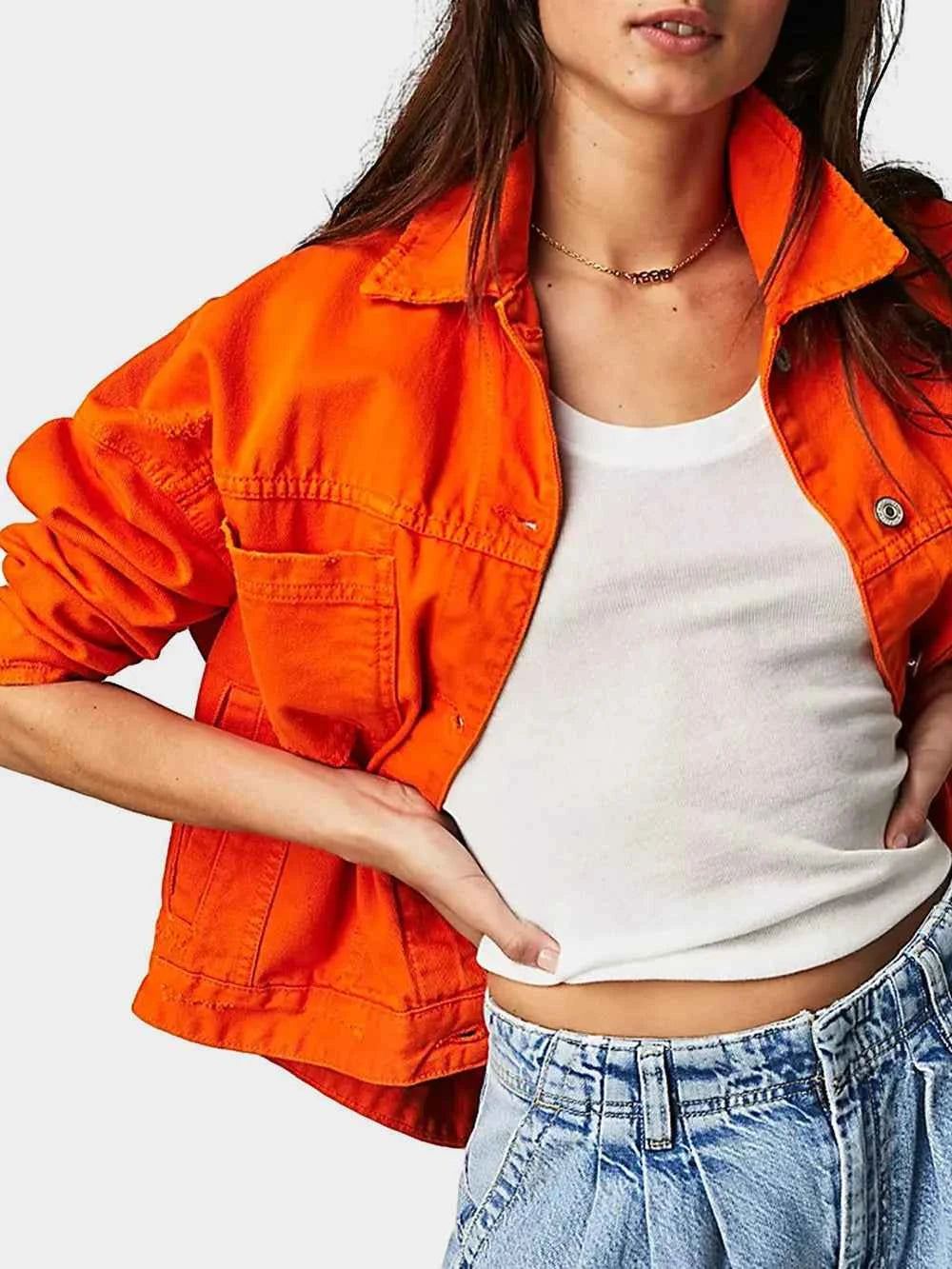 Button Up Long Sleeve Denim Jacket Orange db8131bc-7daa-4ec5-92d1-ab9613e684dc-Max