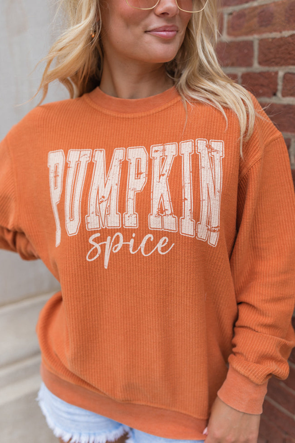 Orange Crinkle Ribbed PUMPKIN Spice Graphic Crewneck Sweatshirt db848a8a6145cb67