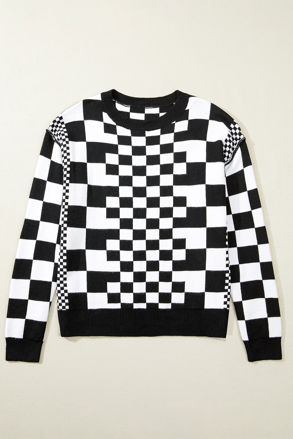 Black Checkered Drop Shoulder Round Neck Sweater db84af6f64e5e799