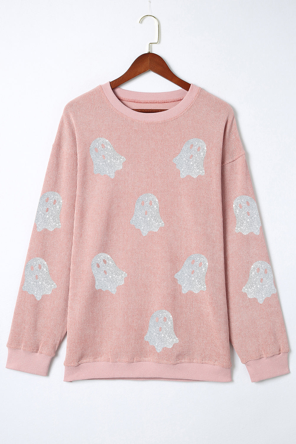 Black Halloween Ghost Corded Crew Neck Loose Sweatshirt Pink 100%Polyester db85085d88b22791