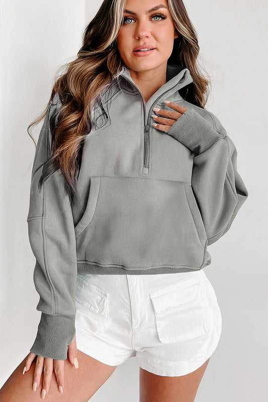 Gray Zip Up Stand Collar Ribbed Thumbhole Sleeve Sweatshirt db85b2fb58455a89