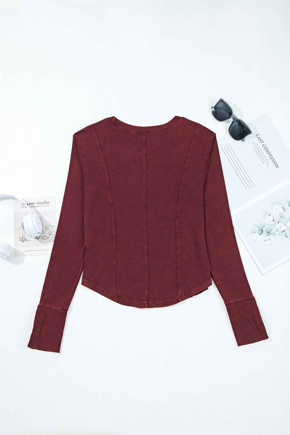 Burgundy Exposed Seam Ribbed Long Sleeve Top db85b735a181189a