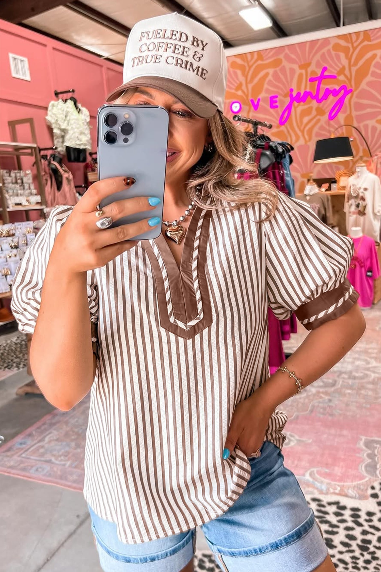 Khaki Stripe Collared Split Neck Short Bubble Sleeve Blouse db888684f6b45ad1