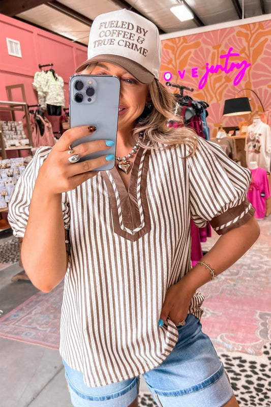Khaki Stripe Collared Split Neck Short Bubble Sleeve Blouse db888684f6b45ad1