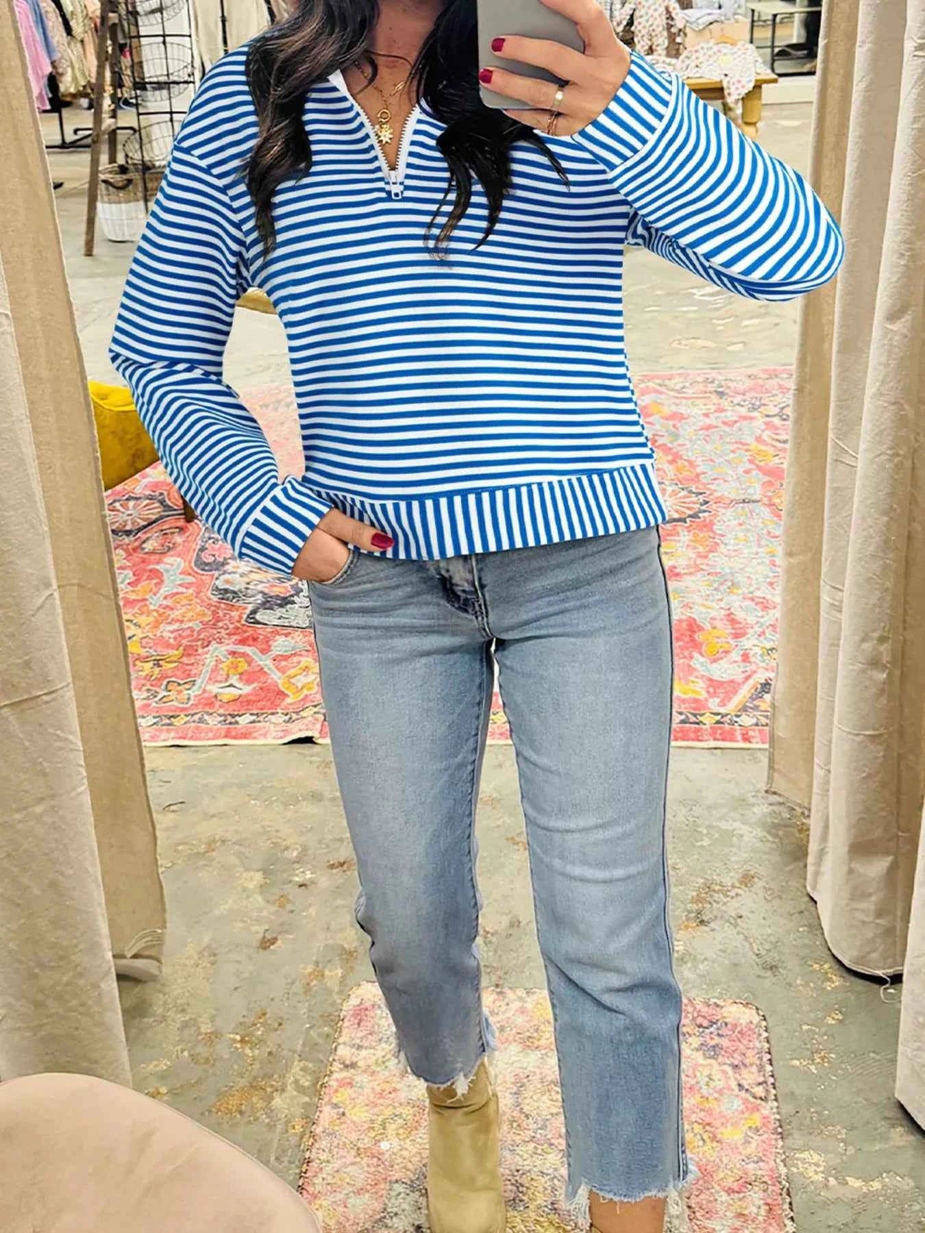 Stripe Quarter Zip Collar Long Sleeve Top Sky Blue db8db68097b74985ac7f2df72b13ebe8-Max-Origin