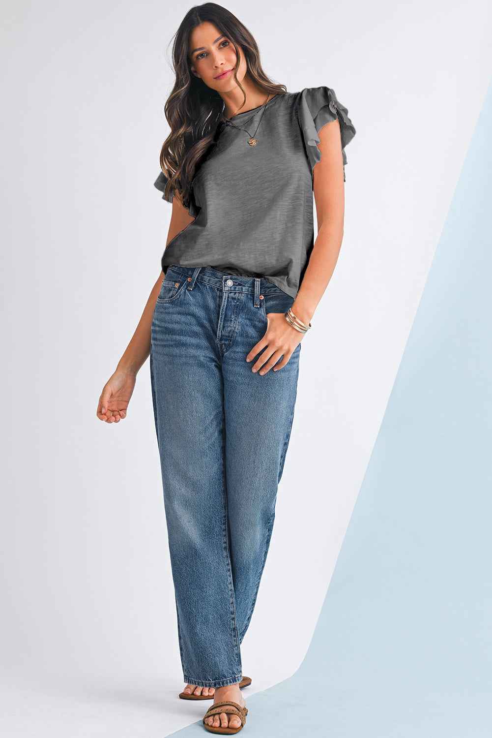 Dark Grey Ruffle Sleeve Plain Blouse db919adaf9a9d727