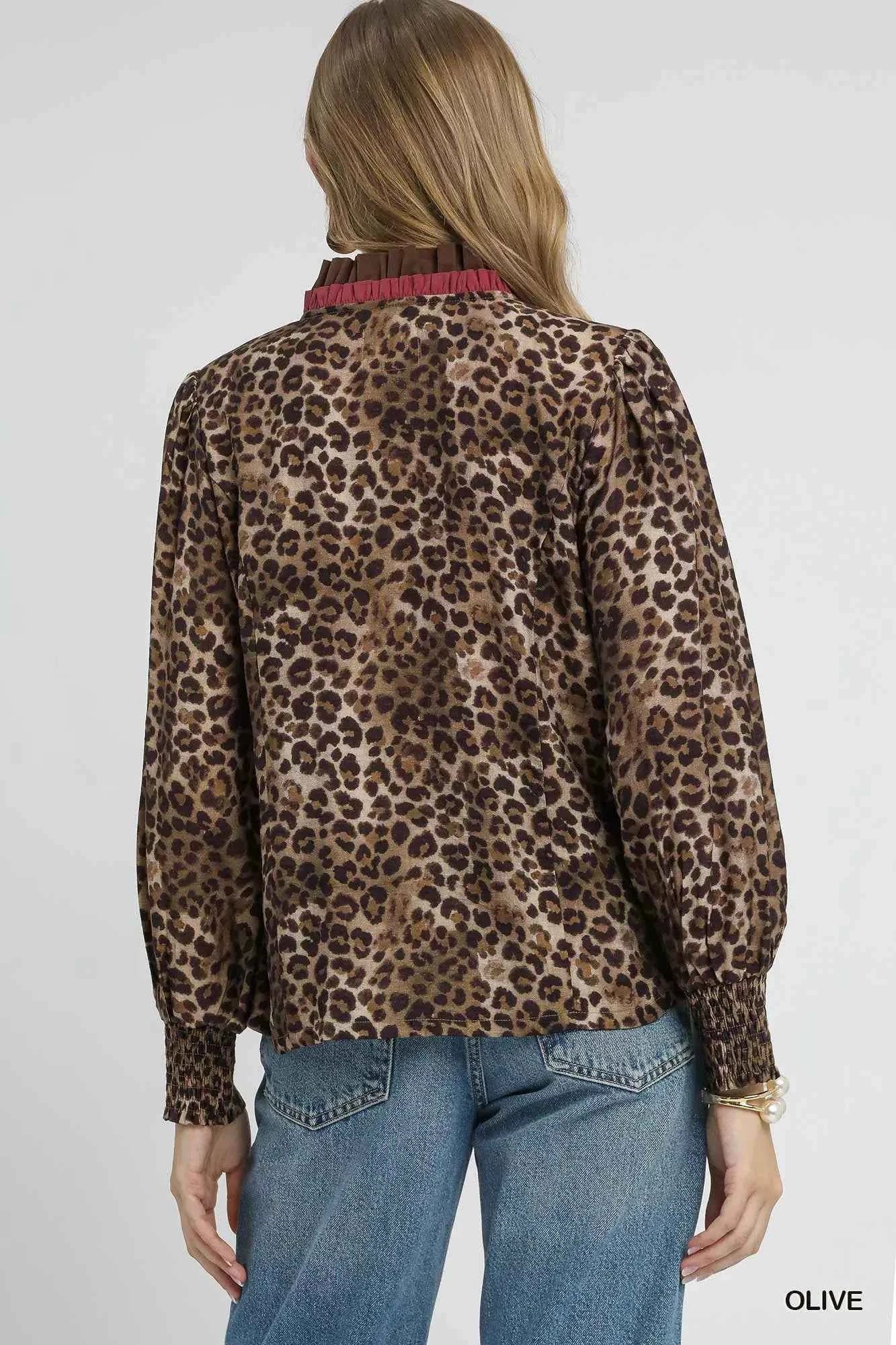 Umgee Ruffle Trim Leopard Print Shirt
