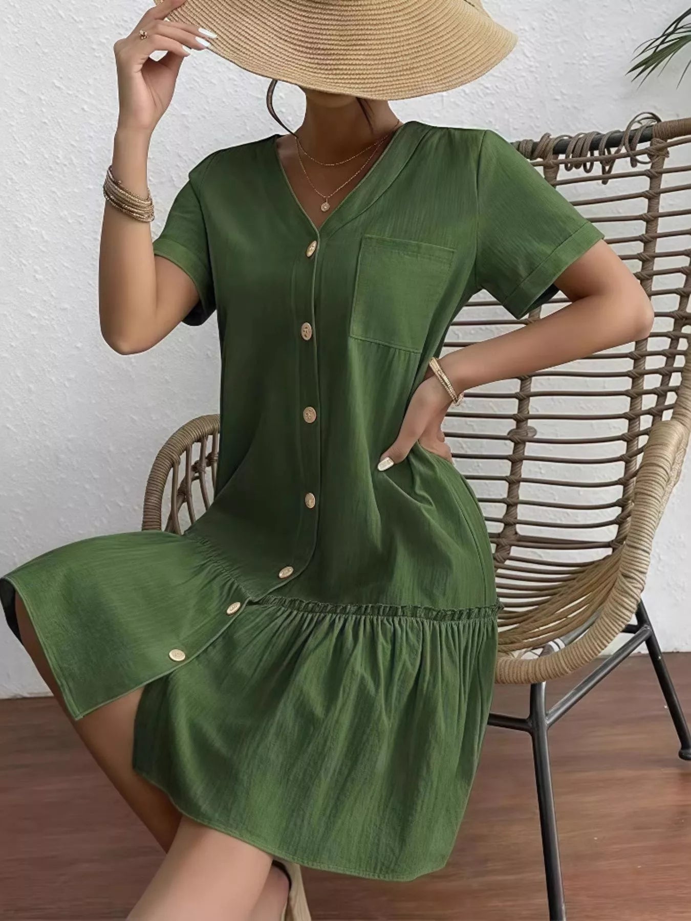 Full Size Button-Front Short Sleeve Tiered Dress Plus Size Military Green db9d85cc-8ec7-4fa5-920f-47492e44bcfc-Max-Origin