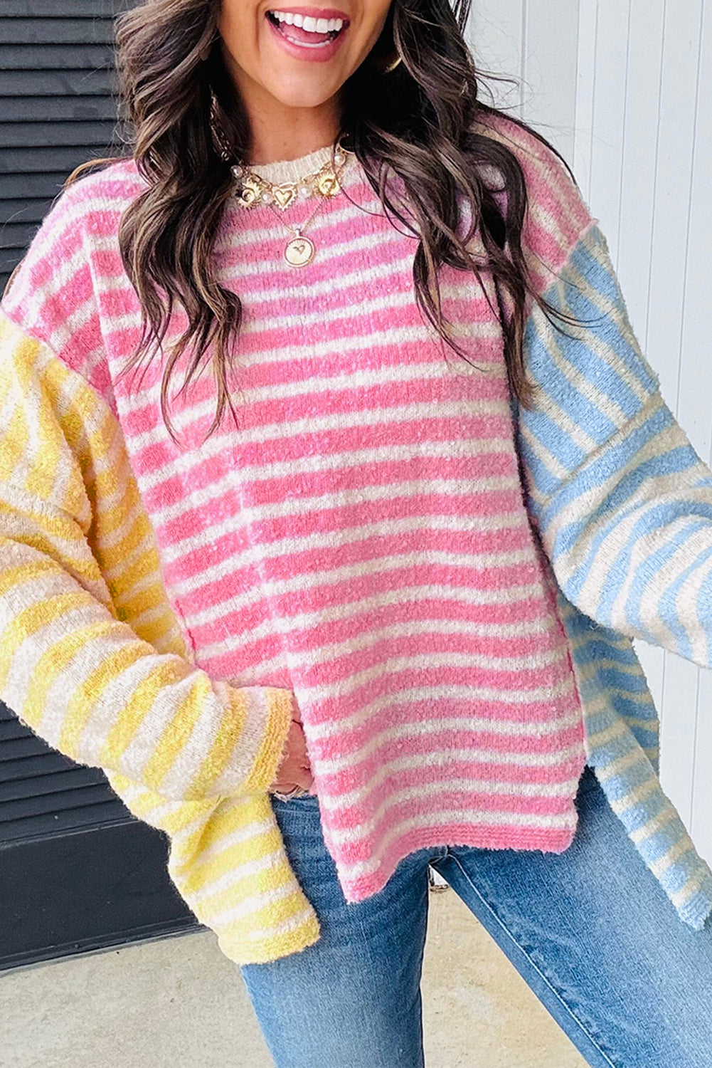 Multicolour Colorblock Striped Patchwork Dolman Sleeve Slit Sweater Multicolour 100%Acrylic dba2b9a6a657d8cf