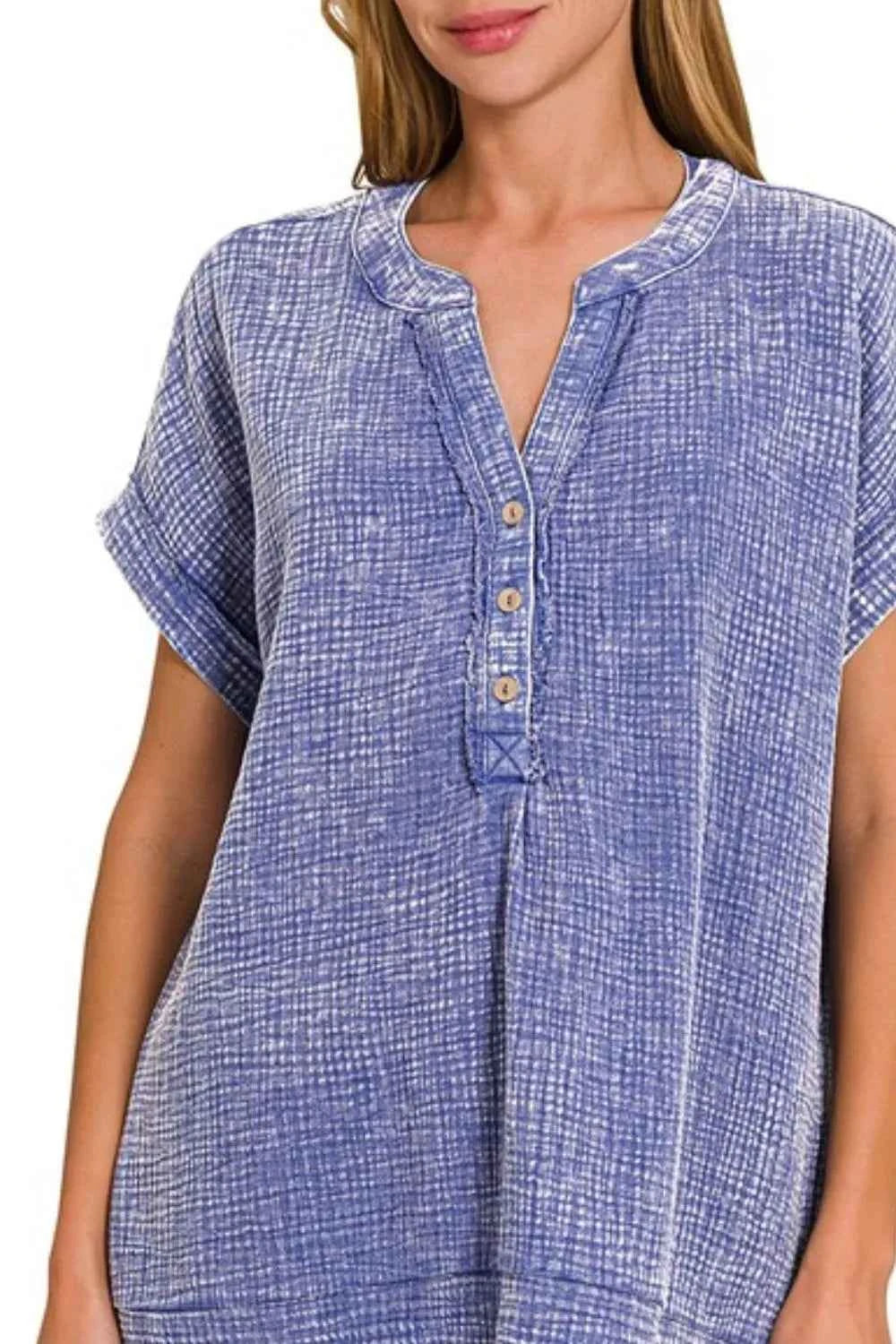 Zenana Washed Double Gauze 3/4 Button Henley Neck Shirt dba2d3a0-c6c7-408b-bad2-5f0fdc4945f4-Max-Origin
