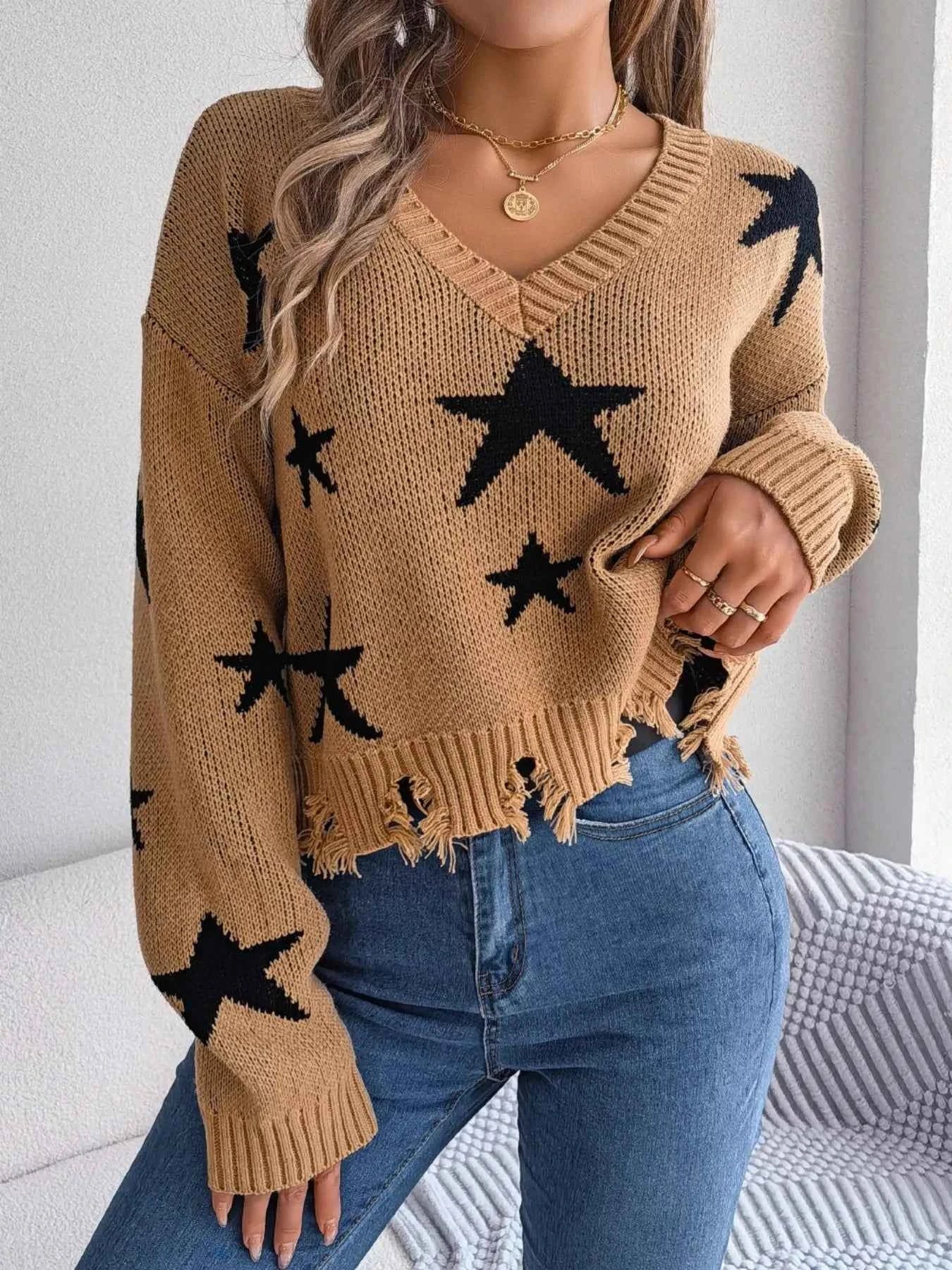 Star Pattern V-Neck Distressed Sweater dba8ee28-80d0-4af3-a7db-12ec6508e110-Max-Origin