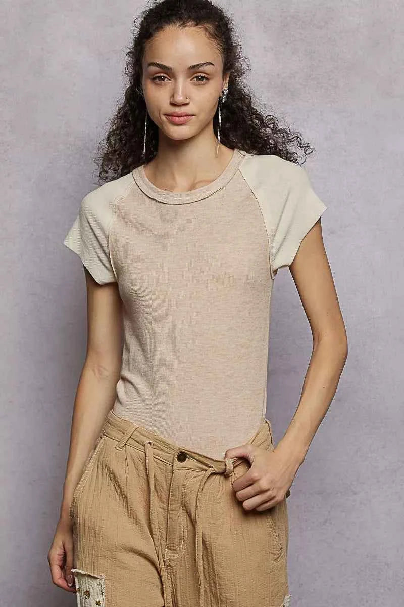 POL Outseam Detail Ribbed T-Shirt with Contrast Color Sleeves dba9e219-0cda-4b06-a717-eca51b6afb0d-Max-Origin