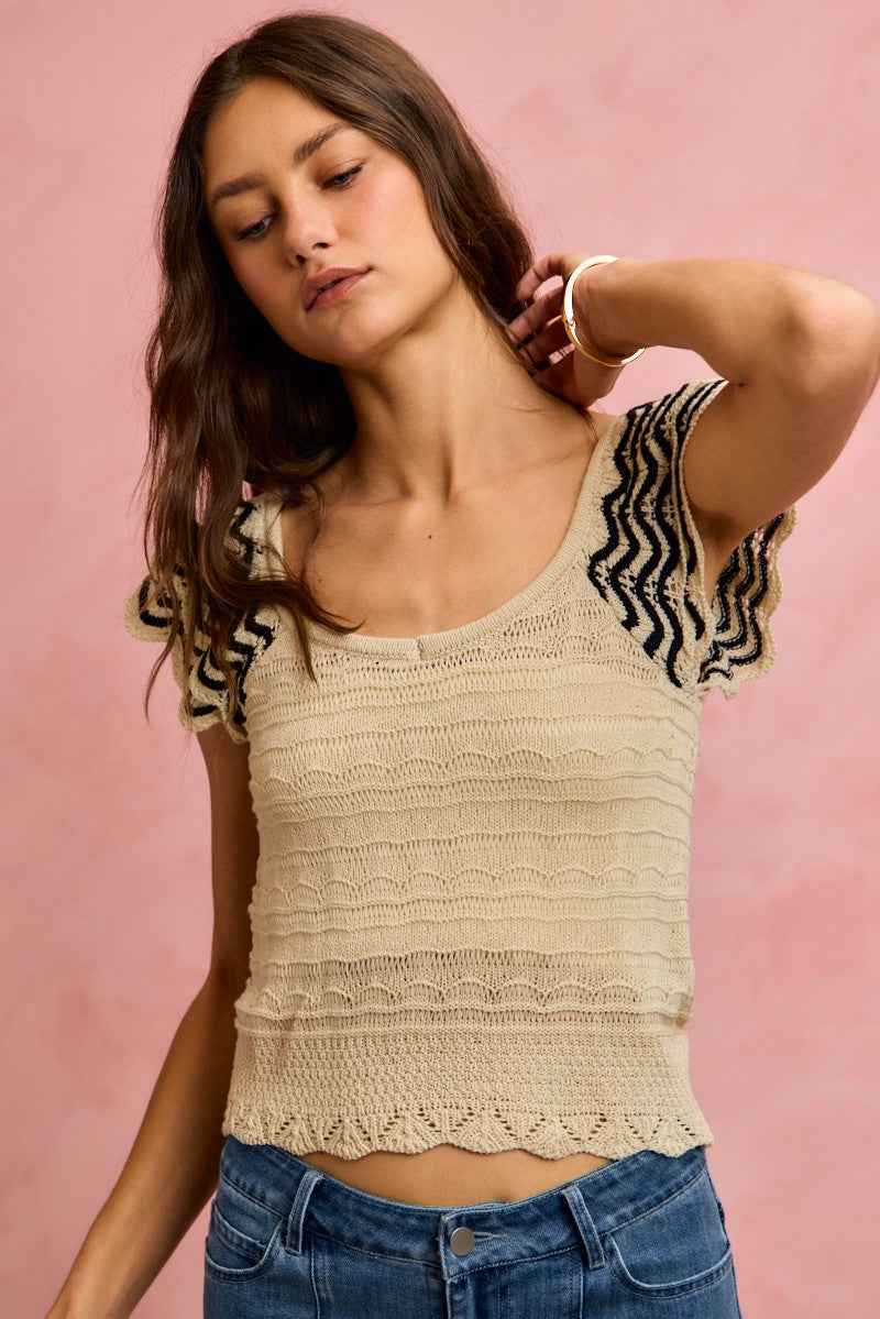 SO ME Wavy Textured Knit Top With Fluttered Sleeves dbaba6ff22354611a219c5053f3ace39-Max