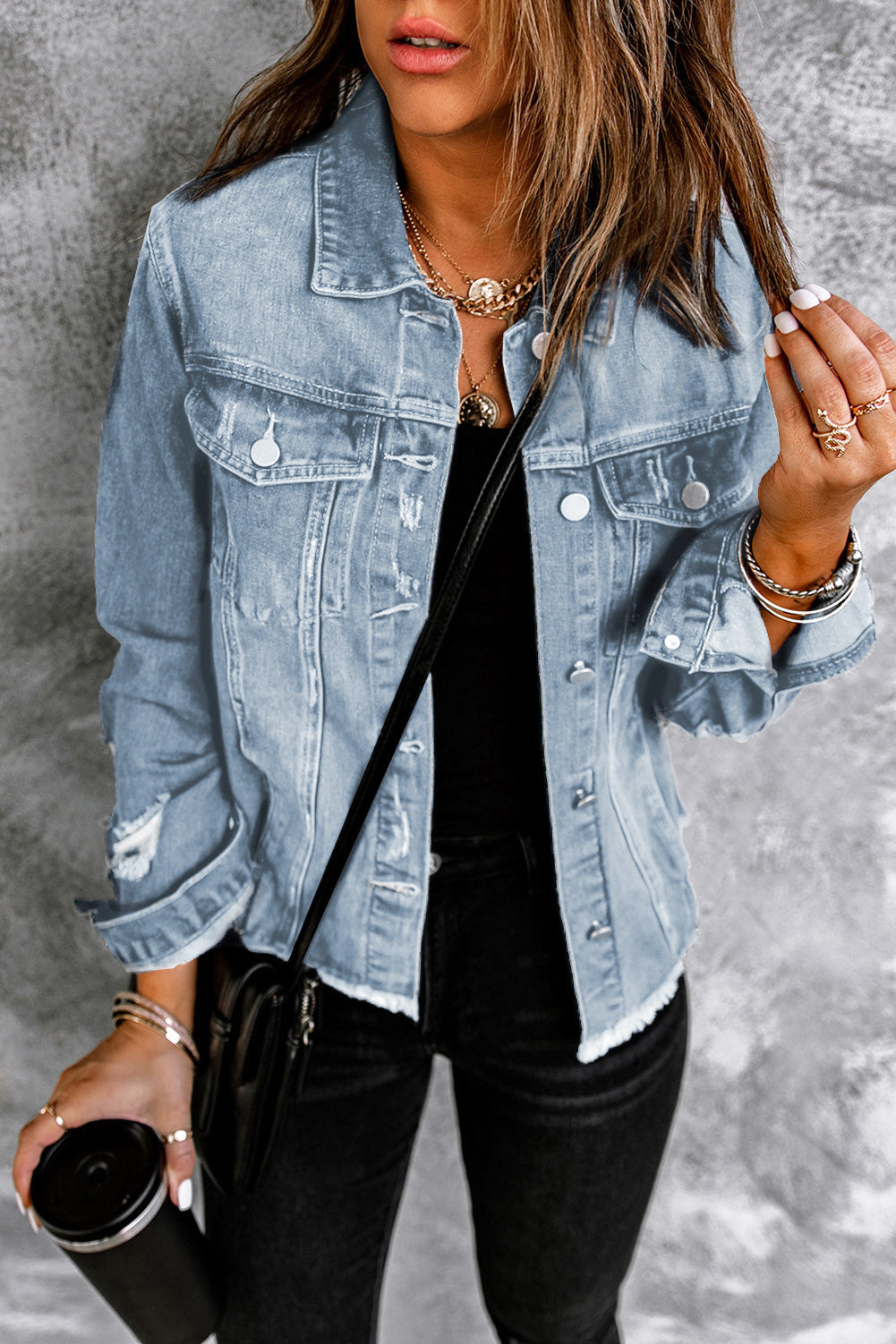 Light Blue Distressed Ripped Raw Hem Buttons Denim Jacket Sky Blue dbb2226d370aa970