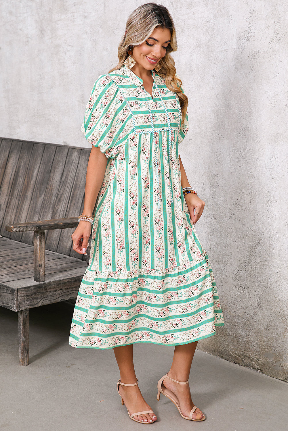 Multicolor Boho Floral Striped Tie V Neck Long Dress dbb2285cc43e024c